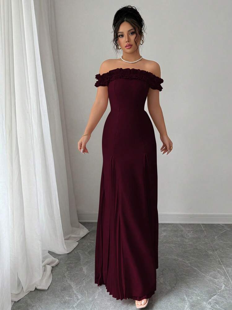 Elenzga 露肩荷叶边饰腰部喇叭下摆褶皱雪纺优雅浪漫女士连衣裙 - 酒紅色 - 查看 7