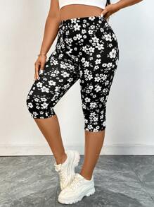 SHEIN Essnce 大码女士紧身裤，七分裤，3件套，夏季紧身裤，印花紧身裤，黑色紧身裤 - 彩色 - 查看 7