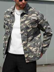 Manfinity Homme Men Camouflage Print Single Breasted Front Pocket Denim Jacket, Fall - Army Green - View 6