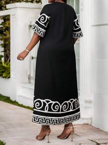 SHEIN Lady Große Größen Sommer Urlaubs Kleid mit Schwarz Muster für Frauen, Damen Große Größen lässiges, einfaches Kleid, geeignet als Sommerkleid, Osterkleider, Frauen Strandoutfits für Urlaub, Boho-Stil