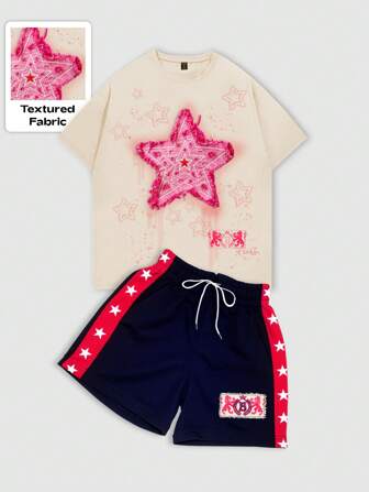 Street Life 1 Set Camiseta de manga corta bordada y pantalones cortos para hombre, apropiado para uso diario, primavera/verano