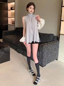 DAZY 纯色立领无袖衬衫外出上衣 - 米色 - 查看 3