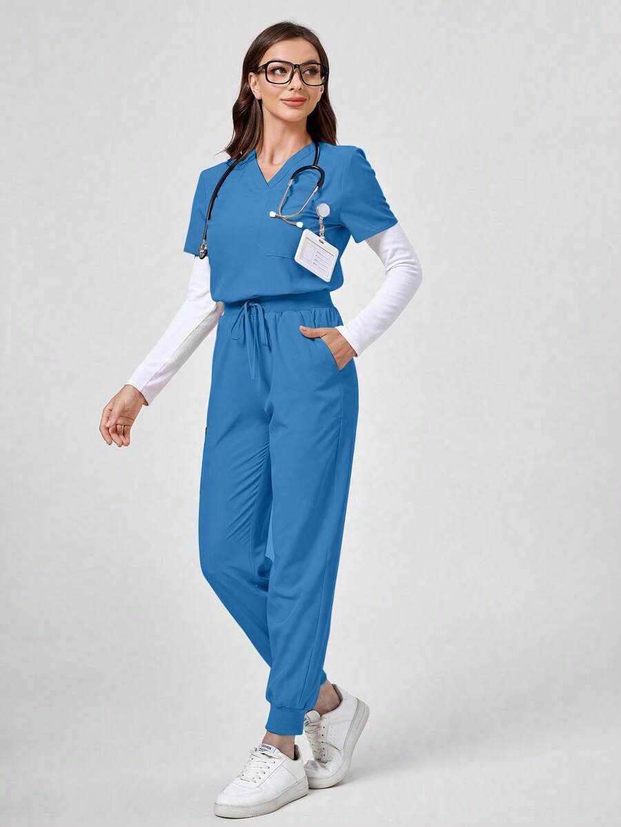 TaskEZ Solid Color V-Neck Short Sleeve Top With Pocket And Waist Tie Pants Uniform Set Scrub Set - Teal Blue - View 1