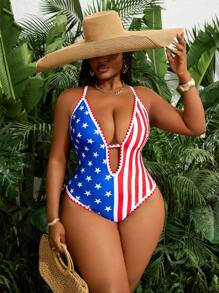 Slaydiva 1 pezzo Costume da bagno intero da donna taglie forti con scollo a V profondo, con stampa della bandiera USA del 4 luglio, stile sexy e da vacanza