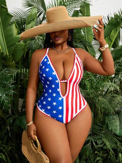 Slaydiva 1 件大码女式低胸领口美国独立日美国国旗印花连体泳衣，性感度假风格