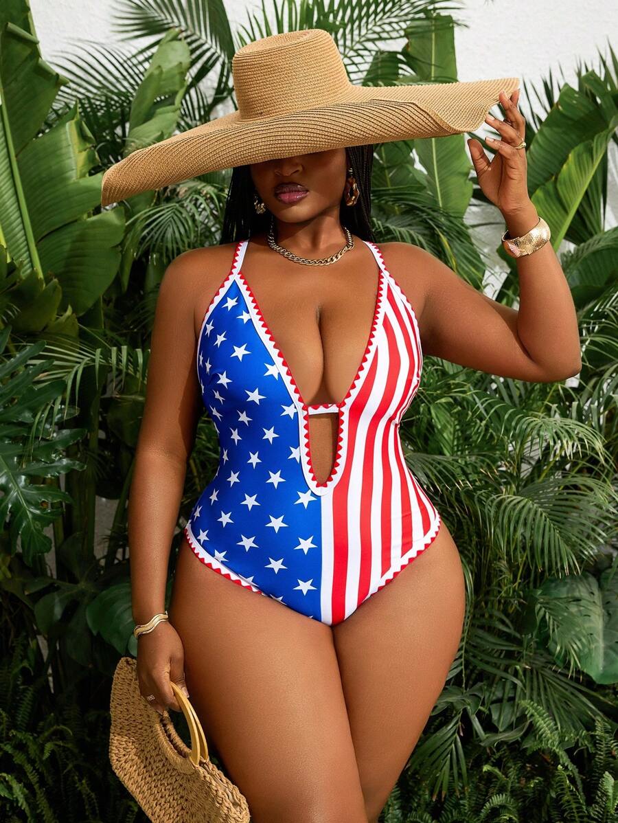 Slaydiva 1 pezzo Costume da bagno intero da donna taglie forti con scollo a V profondo, con stampa della bandiera USA del 4 luglio, stile sexy e da vacanza