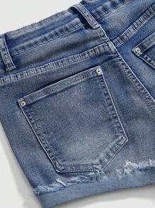 ROMWE Grunge Punk Independence Day Festival, Vintage Y2K Style Union Jack Print Ultra Low Waist Denim Shorts For Women - Blue - View 3