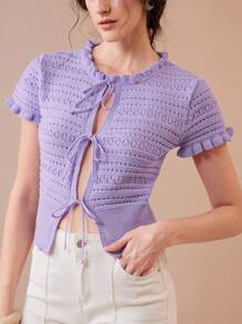 SHEIN Unity 女士时尚百搭复古柔软风格纯色蝴蝶结短袖针织开衫 - 紫色 - 查看 7
