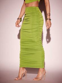 Vixey Slinky Knit Ruched Side Detail Maxi Bodycon Skirt, Summer Outfits For Women - Green - View 5
