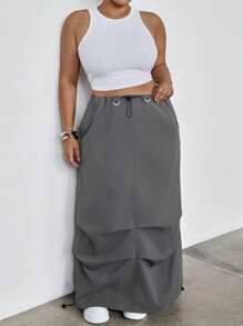 SHEIN EZwear 大码女式纯色抽绳腰褶皱宽松A字裙，夏季度假牛仔西部风商务休闲女装节日机场毕业典礼锐舞派对性感Y2K牛仔街头风辣妹2000年代迪斯科 - 灰色 - 查看 5