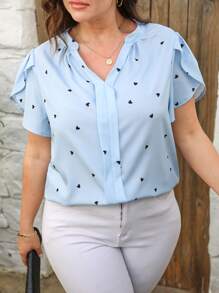 SHEIN PETITE CURVE Plus Size Casual Notched Neck Heart Print Short Sleeve Shirt - Multicolor - View 3
