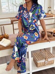 Flower Tiger Print Cardigan Women's Pajama Set - Multicolor - View 6