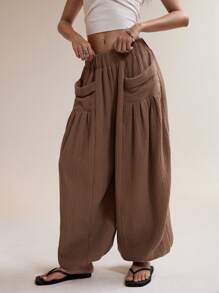 Easelle 2025年新款夏季女装波西米亚风度假风棕色梭织女式宽松双口袋阔腿裤 - 棕色 - 查看 6