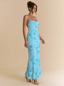 SHEIN BAE 蓝色露背系带铆钉珍珠亮片装饰连衣裙，女士优雅度假沙滩裙，适合夏季、音乐节、露背连衣裙 - 藍色 - 查看 5