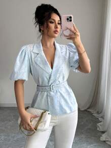 SHEIN Clasi Camisa de verano para mujer con mangas abullonadas de encaje, doble botonadura, cintura ceñida y cuello con solapa - Azul - Ver 1