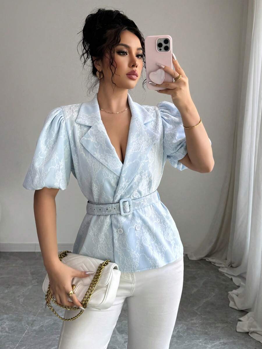 SHEIN Clasi Camisa de verano para mujer con mangas abullonadas de encaje, doble botonadura, cintura ceñida y cuello con solapa - Azul - Ver 1