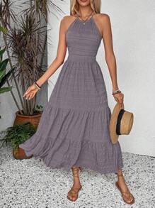 Breezaya Váy mùa hè họa tiết cho nữ màu trơn, dây đeo sau lưng và viền bèo nhún, hoàn hảo cho trang phục đi nghỉ, trang phục đi biển Maxi - Màu tím - Xem 4