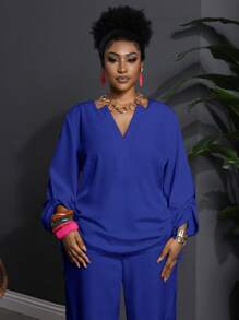 Slaydiva 2pcs/Set Plus Size Western Wear Casual Solid Notched Neck Long Sleeve Top And Pants Set Fall - Blue - View 6
