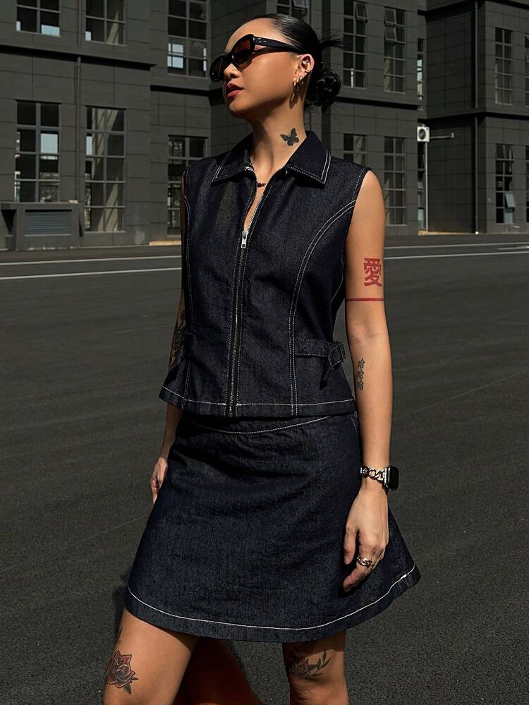 Western Cowgirl Contrast Stitch Slim Fit Zip-Up Sleeveless Jacket & A-Line Mini Skirt Summer Casual 2pcs Denim Outfit For Women