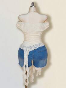 SHEIN ICON 大码女式休闲音乐节露肩网眼荷叶边不对称下摆上衣