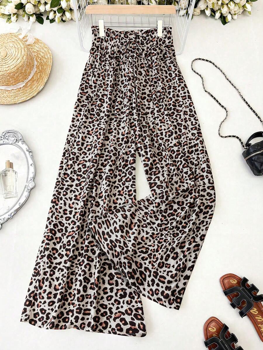 SHEIN LUNE 女式宽松豹纹阔腿休闲裤，春夏 - 黑與白 - 查看 1