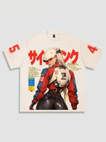 ROMWE MEN Anime Conjunto de 2 piezas de camiseta de manga corta y pantalones cortos con estampado de anime para hombre, para uso diario
