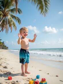 SHEIN Boys' Cute Printed Swimming Trunks, Beach & Pool Vacation Style Young Boys Clothing 4t Beach Clothes For Boys Beach Wear For Boys Beach Shorts For Boys Teen Boys Beach Clothes - Blue - View 2