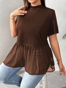 SHEIN Essnce 大码女式夏季上衣，黑色 T 恤，可爱上衣娃娃裙，夏季衬衫，夏季上衣外出上衣女式夏季上衣女式外出上衣夏装 - 棕色 - 查看 6