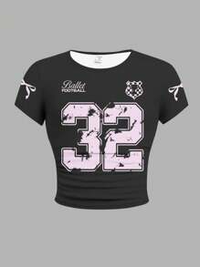 SHEIN Leap Crew 3pcs Set Tween Girls Slim Fit Casual Solid Knit Tops With Ruched Collar, Leopard Print Number Graphic, And Bow Print, Short Sleeve - Multicolor - View 3