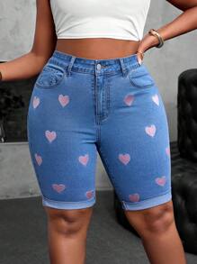 SHEIN SXY Autumn Women Plus Size Shorts With Heart Embroider  Autumn Outfits For Women Festival Outfits Biker Shorts  Elegant  Cacual Love Embroidery  Biker Shorts - Blue - View 6
