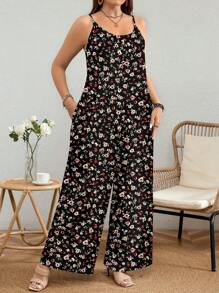 EMERY ROSE Plus Size Ditsy Floral Allover Print Loose Jumpsuit With Spaghetti Straps, Suitable For Spring/Summer Vacation,Flower - Multicolor - View 4