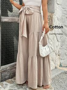 SHEIN Maternity Ruffled Hem Tied Waist Solid Color Loose Casual Pants - Apricot - View 1