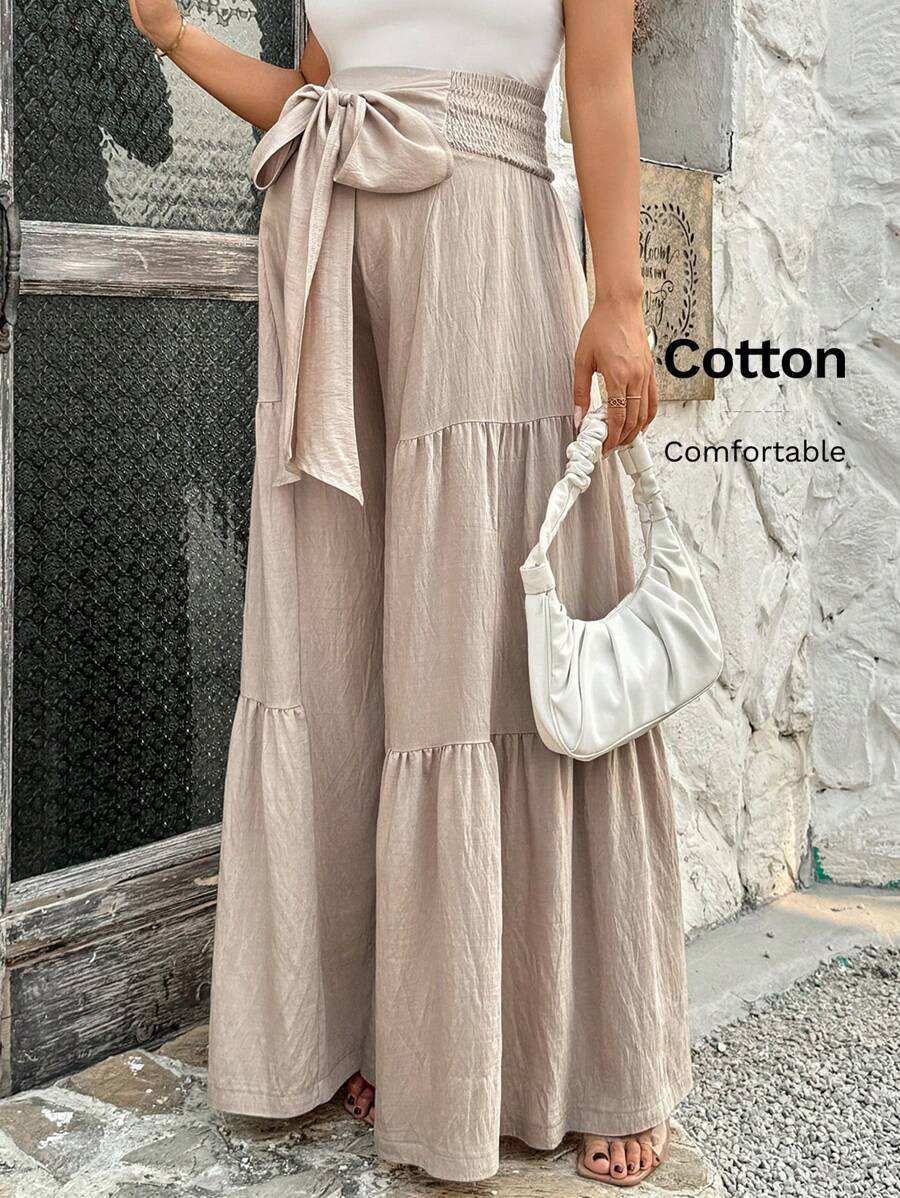 SHEIN Maternity Ruffled Hem Tied Waist Solid Color Loose Casual Pants - Apricot - View 1
