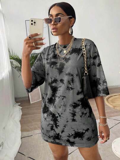 SHEIN LUNE Summer Casual Tie-Dye Print Mini Dress Cow Print Black Camo