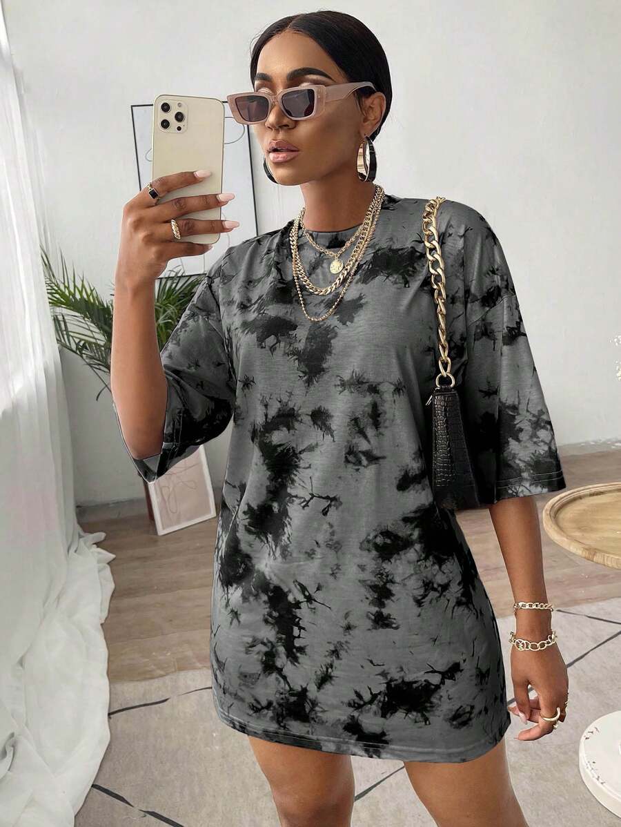 SHEIN BamGlam Summer Casual Tie-Dye Print Mini Dress Cow Print Black Camo - Light Grey - View 1