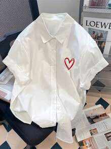 SHEIN Women Heart Print Short Sleeve Single-Breasted Loose Casual Shirt - White - View 1