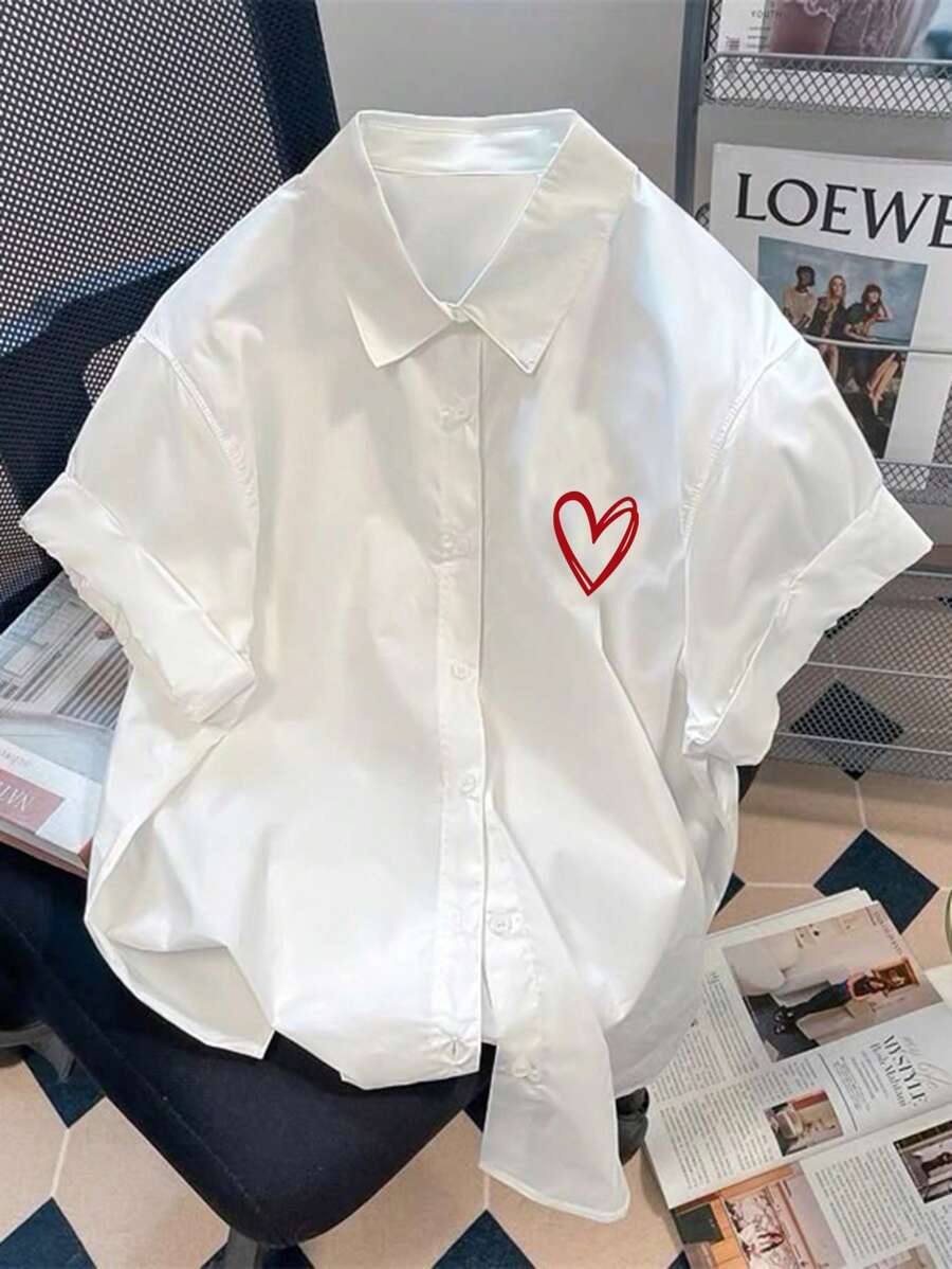 SHEIN Women Heart Print Short Sleeve Single-Breasted Loose Casual Shirt - White - View 1
