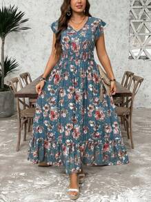 SHEIN LUNE Plus Size Paisley Print Long Vacation Casual Dress Boho Summer Boho Old Money Summer Outfits For Women Spring Break Rave Outfits Festival Spring Break Outfits Mother's Day Church Outfits Women,Flowy Dress,Sun Dresses For Women - Teal Blue - View 5