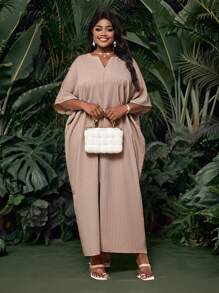 SHEIN Lady Holiday Dresses Plus Size Champagne Woven Short Sleeve Women's Robe Loose Drape Holiday Bridal Shower Dress Beach Women's Tall Long Slim Dress Cruise Outfits Women - Beige - View 3