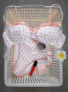 Swim Mod 波尔卡圆点泡泡茶色珍珠边分体泳衣套装