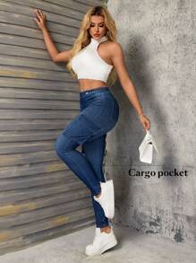 SHEIN SXY 女士宽松洗水做旧修身工装牛仔裤 - 藍色 - 查看 6