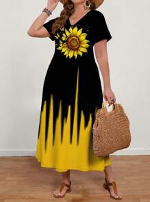 SHEIN CURVE+ Váy họa tiết hoa hướng dương cổ chữ V tay ngắn tối giản thường ngày cỡ lớn dành cho nữ, dáng cong, phong cách Boho - Nhiều màu - Xem 5