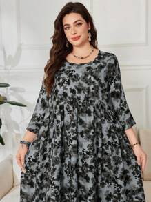 Lacomfia Váy rộng rãi in họa tiết Ả Rập tay 3/4 cỡ lớn - màu đen - Xem 5