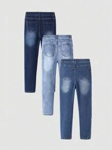 3件套青少年男童水洗牛仔裤，直筒裤套装，适合秋冬季校园、学院风穿着。 - 彩色 - 查看 2