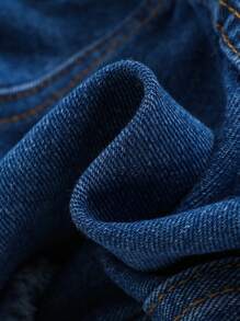SHEIN 女小童1入組翻蓋細節毛邊連帽牛仔夾克 - 深色水洗藍 - 查看 5