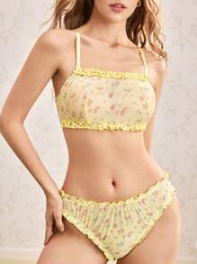 Pastoral Style Ditsy Floral Ruffled Hem Sexy Women Lingerie Set - Yellow - View 5