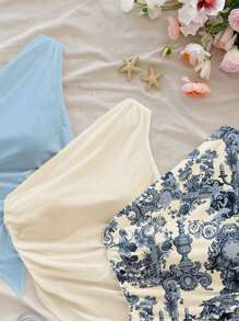 Soleia 3 件套复古不对称下摆花卉印花不对称领口衬衫，复古度假海岛风格，休闲性感可爱椰子女孩波西米亚音乐节风格，适合夏季 - 彩色 - 查看 3