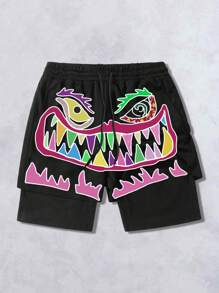 Manfinity ZONE917 Streetwear Funny Printed Dual Layer Pattern Shorts - Black - View 1