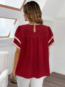 SHEIN MOOSTA Áo cánh tay lửng xếp nếp nhiều lớp phong cách Bohemian thanh lịch cỡ lớn thường ngày - Màu Đỏ Sâu - Xem 2