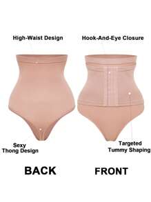 SHEIN Women Solid Tummy Control Body Shaper Seamless High Waist Cincher Shapewear Bottom With Hook-And-Eye Closure And Thong Design - Apricot - View 7